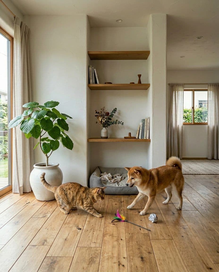 同じ部屋のフローリングで、おもちゃに向かって遊ぶ猫と柴犬