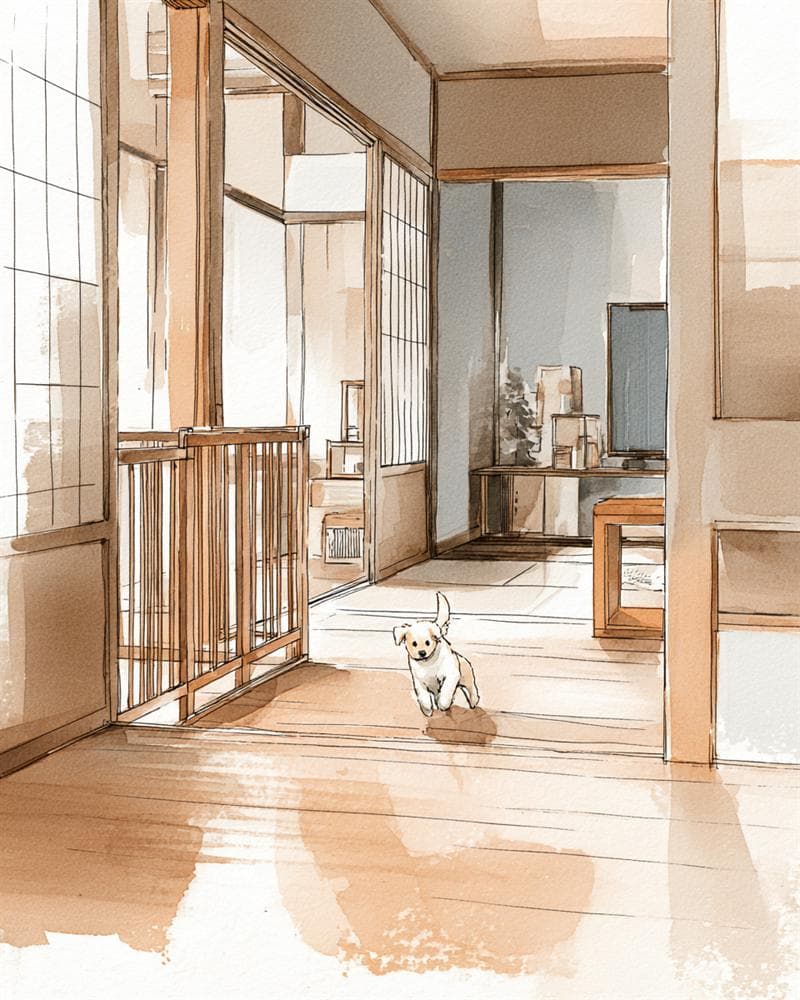 木の脱走防止ゲートと障子の光、走る子犬の水彩画